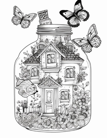 50 Printable Fairy Houses in Jar Coloring Pages for Adults, Grayscale Coloring Book, Stress Relief Coloring Pages, Printable PDF Instant Download