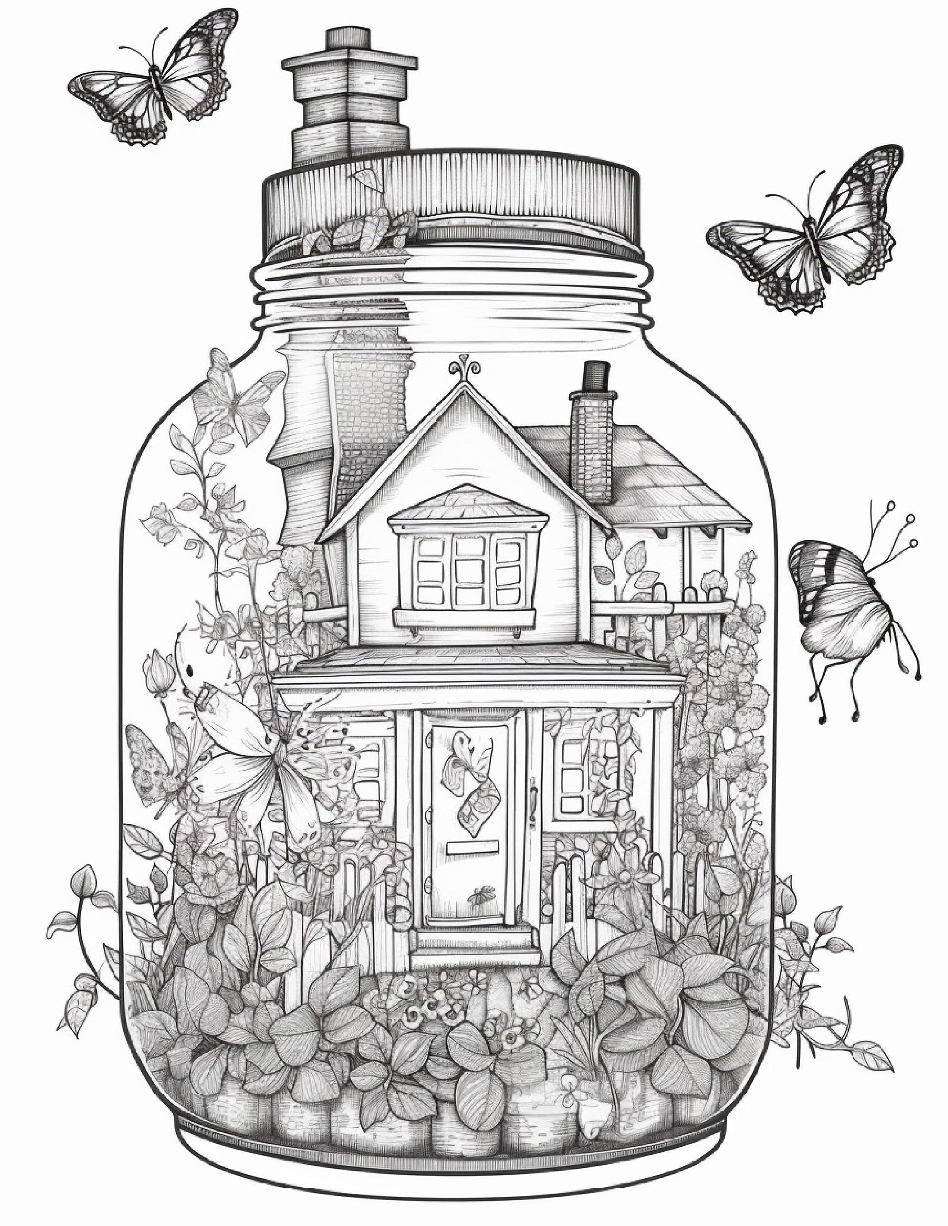 50 Printable Fairy Houses in Jar Coloring Pages for Adults, Grayscale Coloring Book, Stress Relief Coloring Pages, Printable PDF Instant Download