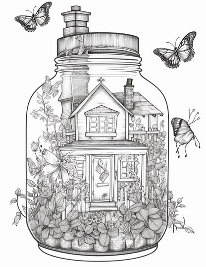 50 Printable Fairy Houses in Jar Coloring Pages for Adults, Grayscale Coloring Book, Stress Relief Coloring Pages, Printable PDF Instant Download