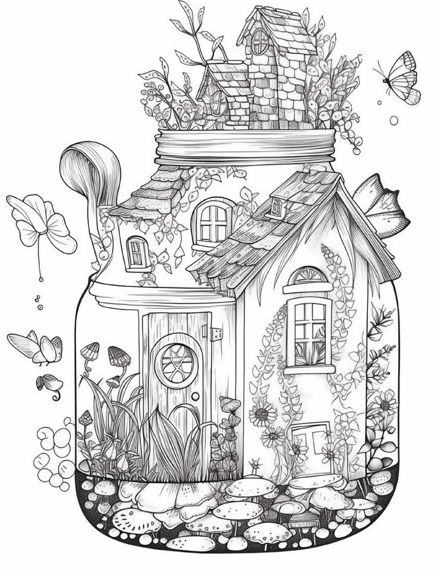 50 Printable Fairy Houses in Jar Coloring Pages for Adults, Grayscale Coloring Book, Stress Relief Coloring Pages, Printable PDF Instant Download