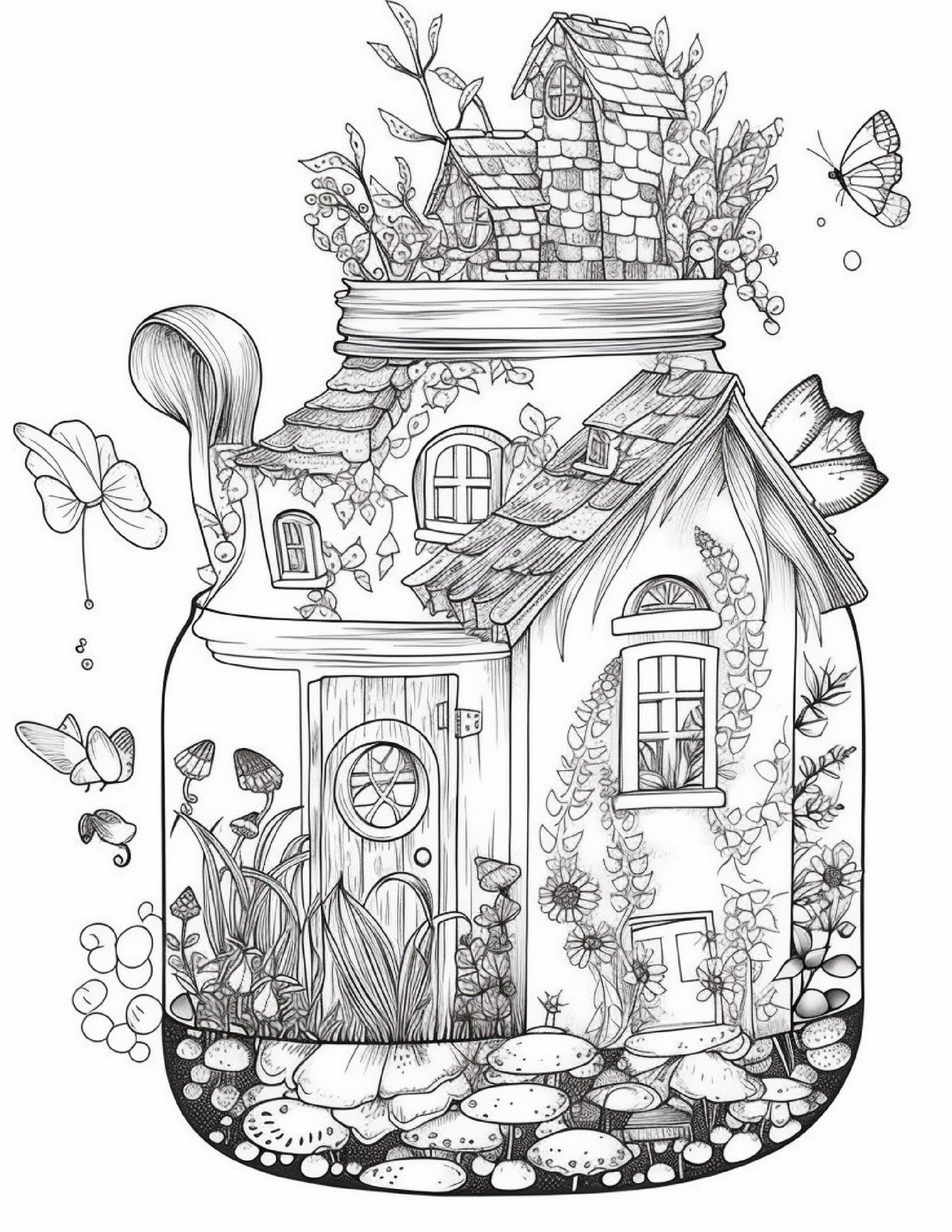 50 Printable Fairy Houses in Jar Coloring Pages for Adults, Grayscale Coloring Book, Stress Relief Coloring Pages, Printable PDF Instant Download