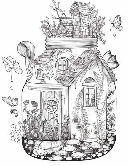 50 Printable Fairy Houses in Jar Coloring Pages for Adults, Grayscale Coloring Book, Stress Relief Coloring Pages, Printable PDF Instant Download