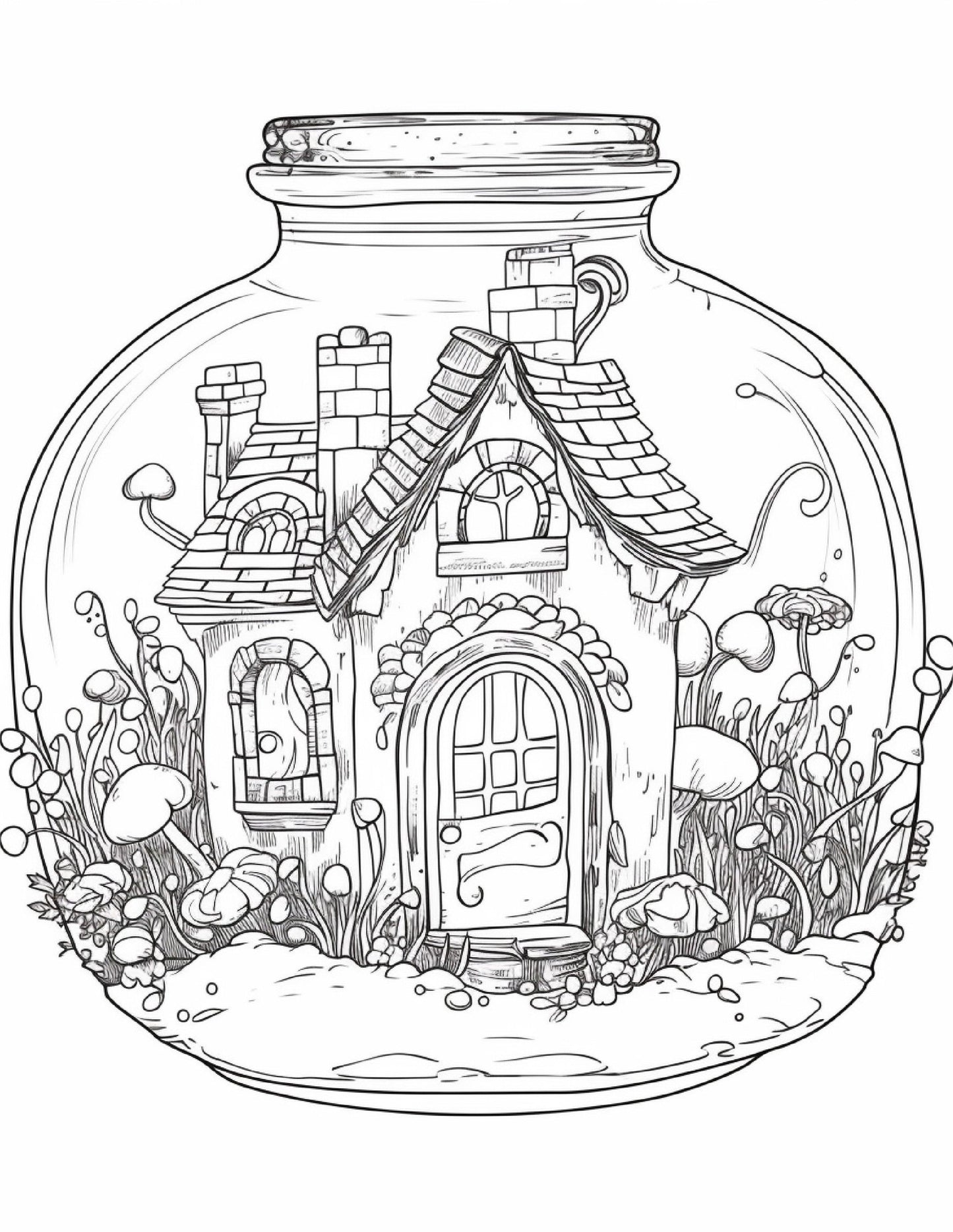 50 Printable Fairy Houses in Jar Coloring Pages for Adults, Grayscale Coloring Book, Stress Relief Coloring Pages, Printable PDF Instant Download