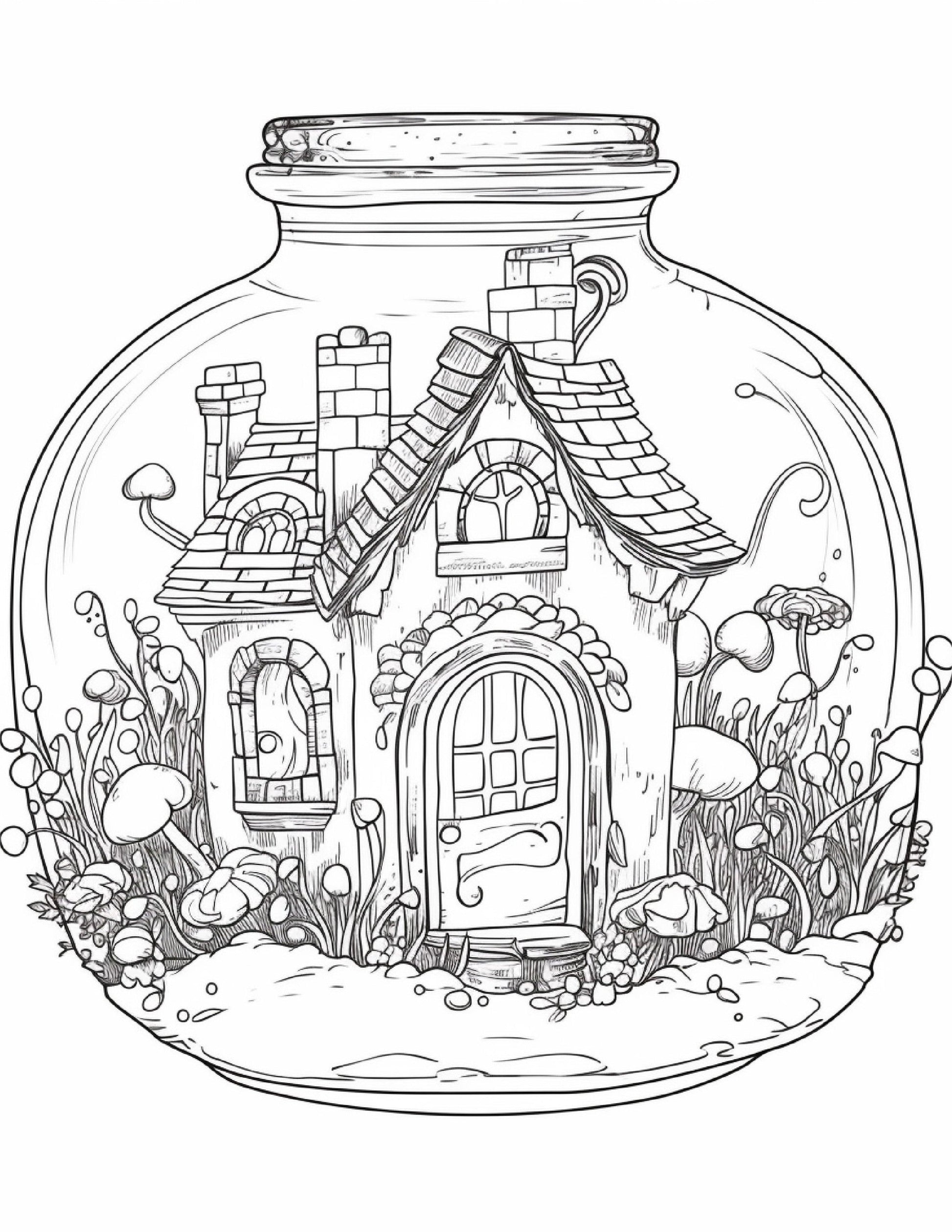 50 Printable Fairy Houses in Jar Coloring Pages for Adults, Grayscale Coloring Book, Stress Relief Coloring Pages, Printable PDF Instant Download
