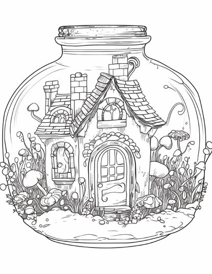 50 Printable Fairy Houses in Jar Coloring Pages for Adults, Grayscale Coloring Book, Stress Relief Coloring Pages, Printable PDF Instant Download