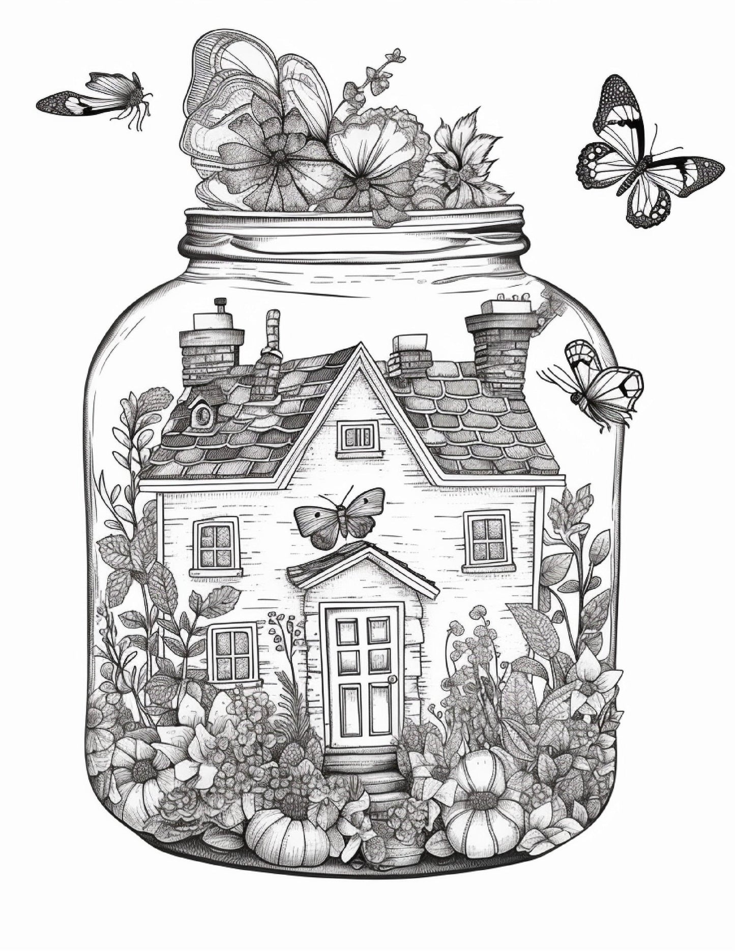 50 Printable Fairy Houses in Jar Coloring Pages for Adults, Grayscale Coloring Book, Stress Relief Coloring Pages, Printable PDF Instant Download