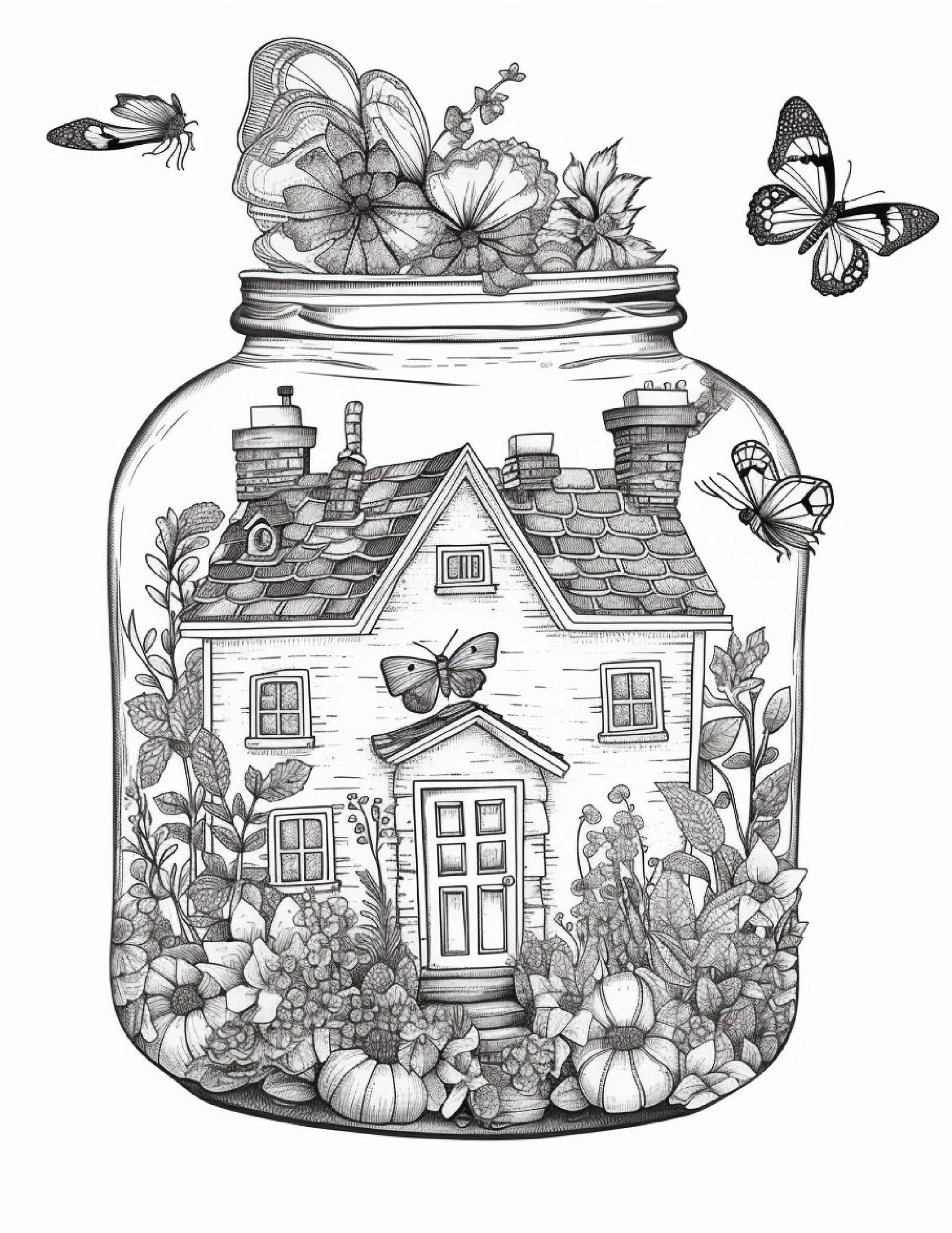 50 Printable Fairy Houses in Jar Coloring Pages for Adults, Grayscale Coloring Book, Stress Relief Coloring Pages, Printable PDF Instant Download