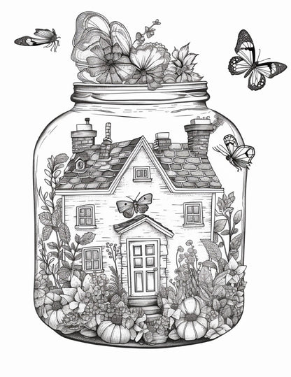 50 Printable Fairy Houses in Jar Coloring Pages for Adults, Grayscale Coloring Book, Stress Relief Coloring Pages, Printable PDF Instant Download