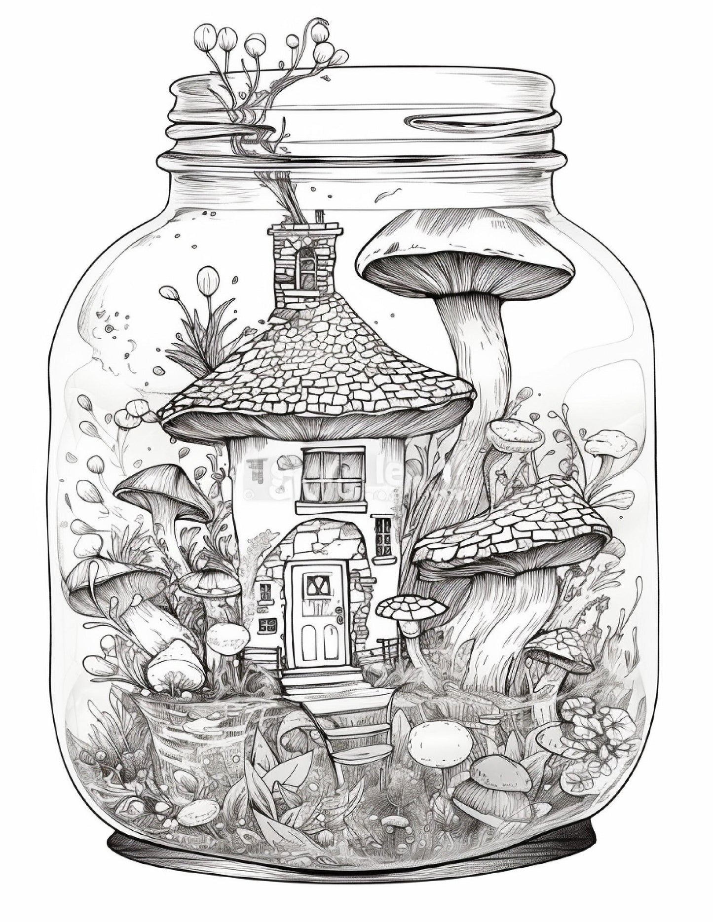 50 Printable Fairy Houses in Jar Coloring Pages for Adults, Grayscale Coloring Book, Stress Relief Coloring Pages, Printable PDF Instant Download