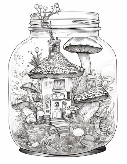 50 Printable Fairy Houses in Jar Coloring Pages for Adults, Grayscale Coloring Book, Stress Relief Coloring Pages, Printable PDF Instant Download