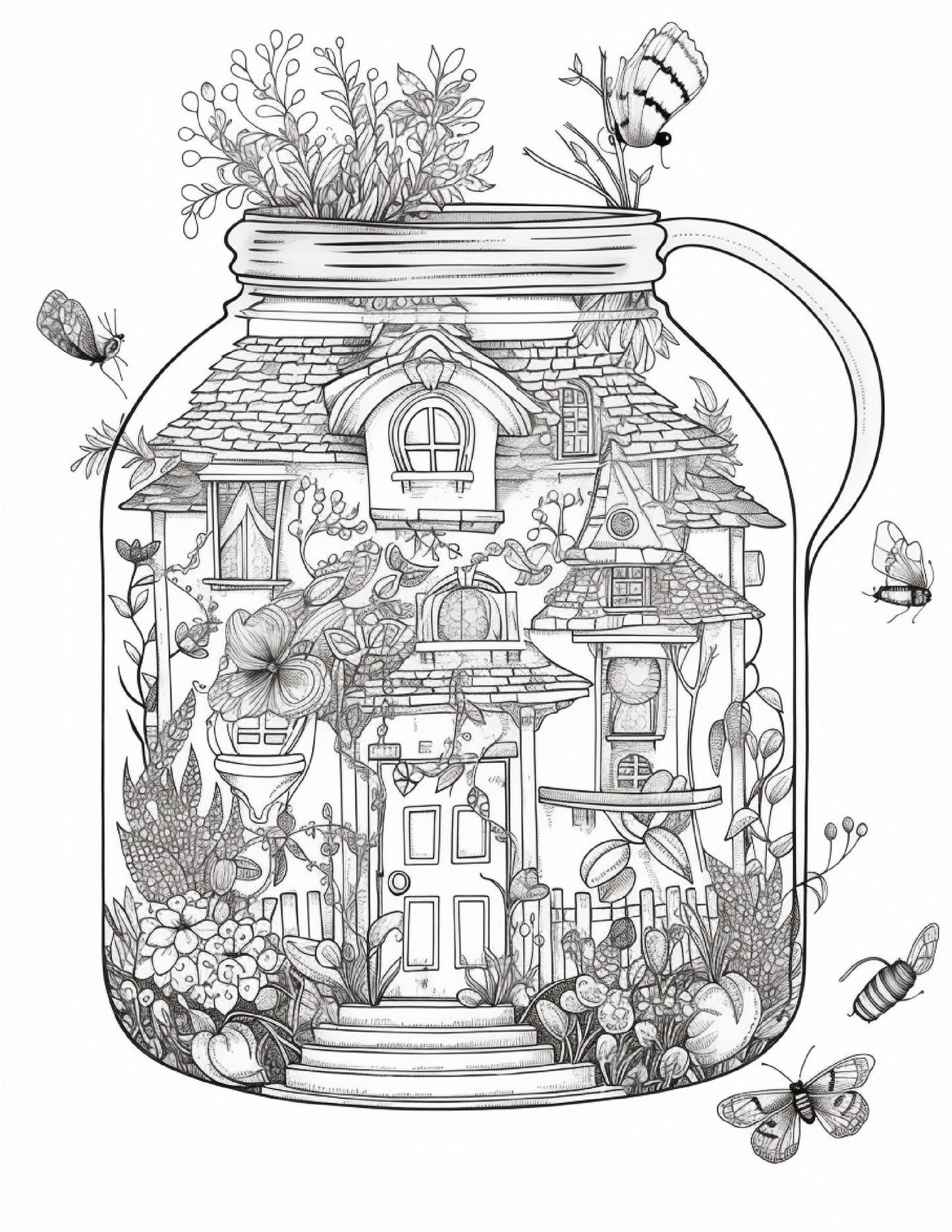 50 Printable Fairy Houses in Jar Coloring Pages for Adults, Grayscale Coloring Book, Stress Relief Coloring Pages, Printable PDF Instant Download