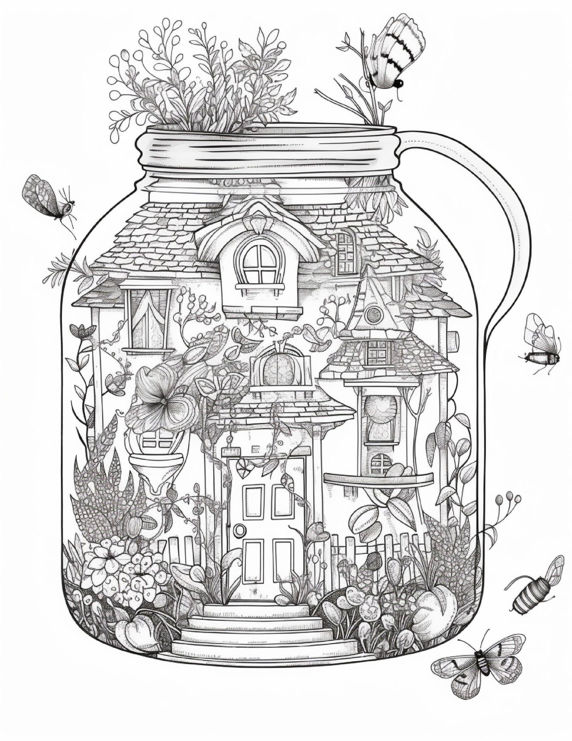 50 Printable Fairy Houses in Jar Coloring Pages for Adults, Grayscale Coloring Book, Stress Relief Coloring Pages, Printable PDF Instant Download