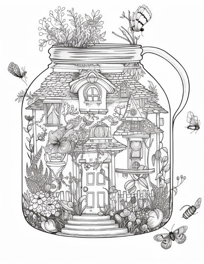 50 Printable Fairy Houses in Jar Coloring Pages for Adults, Grayscale Coloring Book, Stress Relief Coloring Pages, Printable PDF Instant Download
