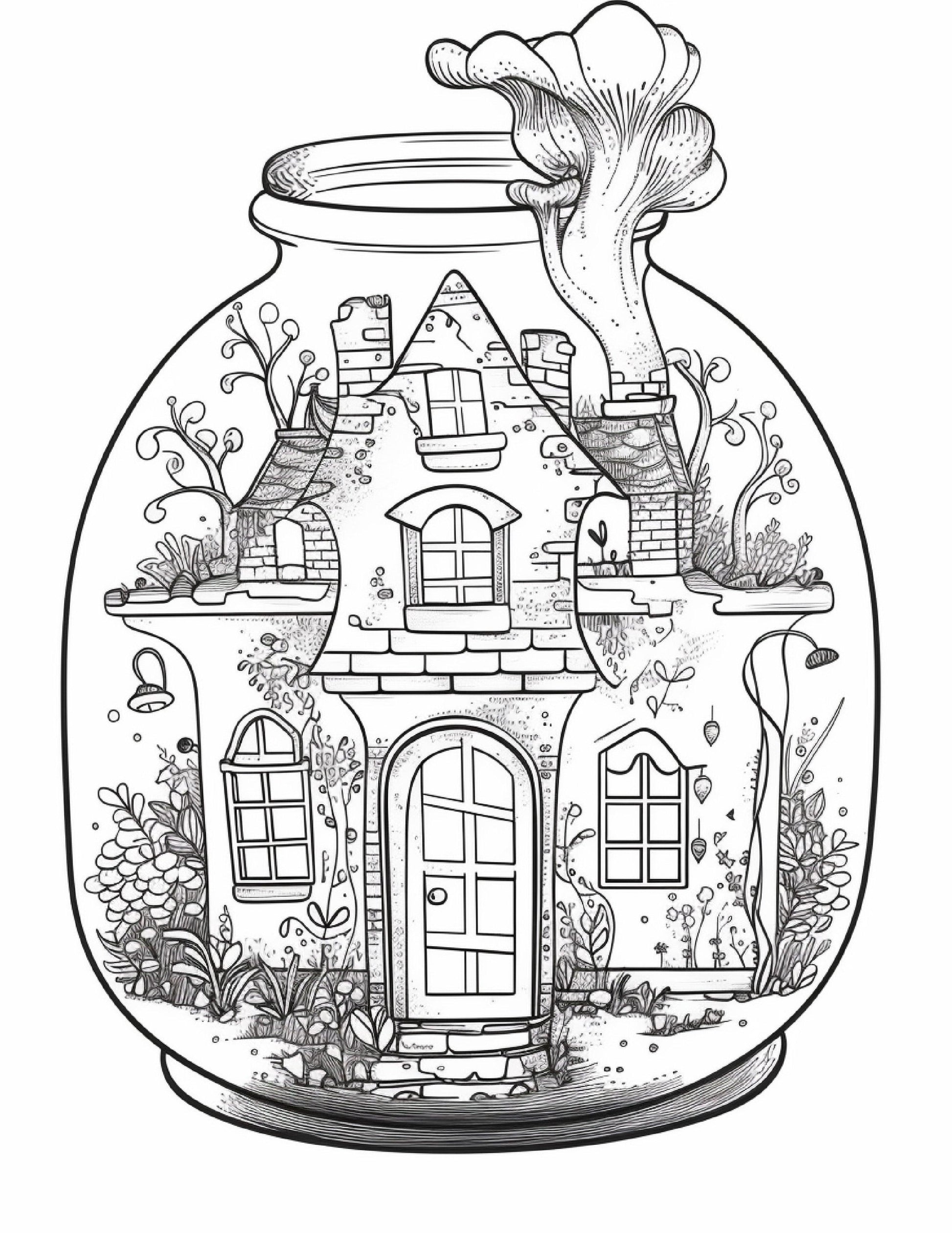 50 Printable Fairy Houses in Jar Coloring Pages for Adults, Grayscale Coloring Book, Stress Relief Coloring Pages, Printable PDF Instant Download