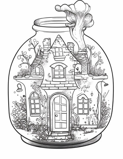 50 Printable Fairy Houses in Jar Coloring Pages for Adults, Grayscale Coloring Book, Stress Relief Coloring Pages, Printable PDF Instant Download