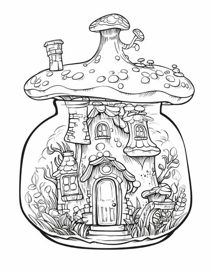 50 Printable Fairy Houses in Jar Coloring Pages for Adults, Grayscale Coloring Book, Stress Relief Coloring Pages, Printable PDF Instant Download