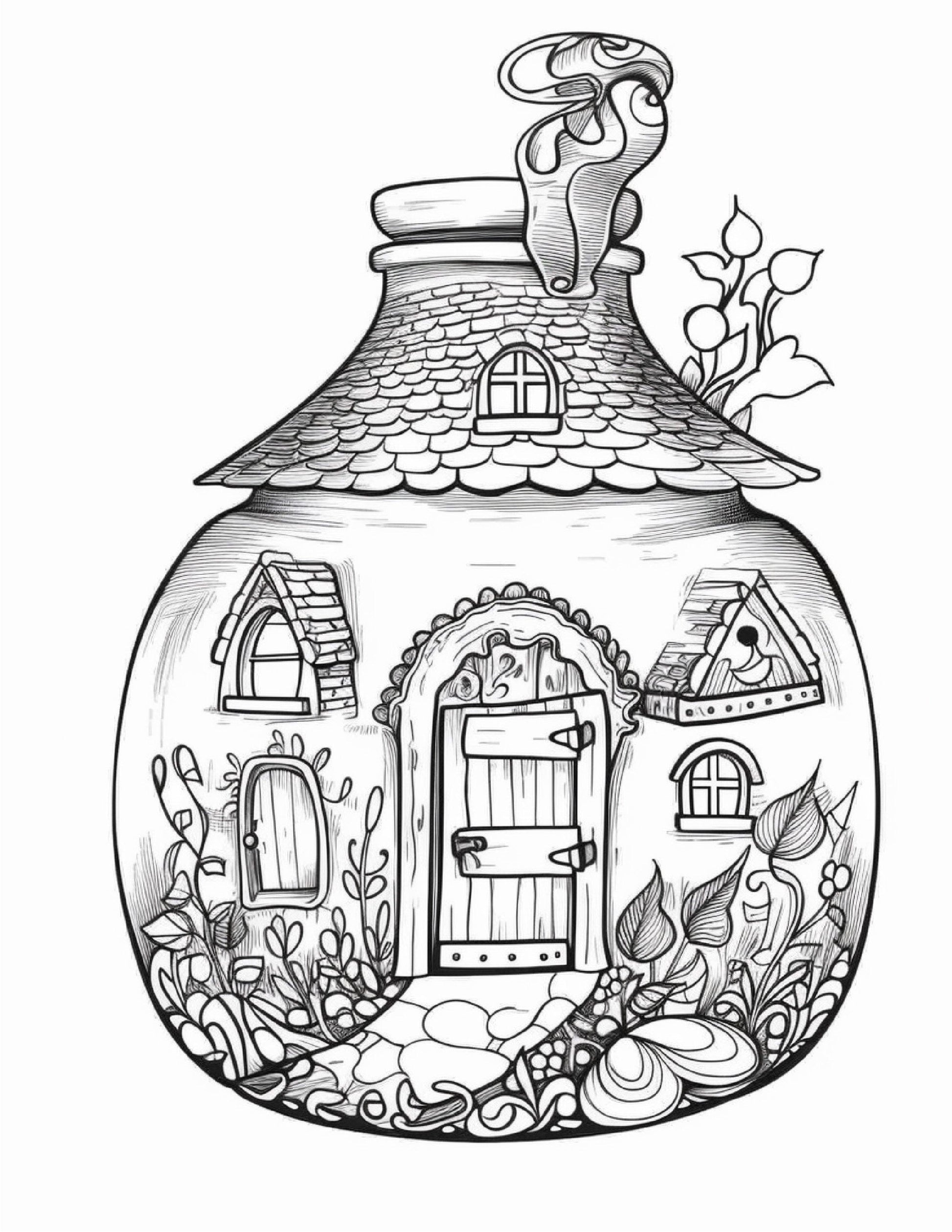 50 Printable Fairy Houses in Jar Coloring Pages for Adults, Grayscale Coloring Book, Stress Relief Coloring Pages, Printable PDF Instant Download
