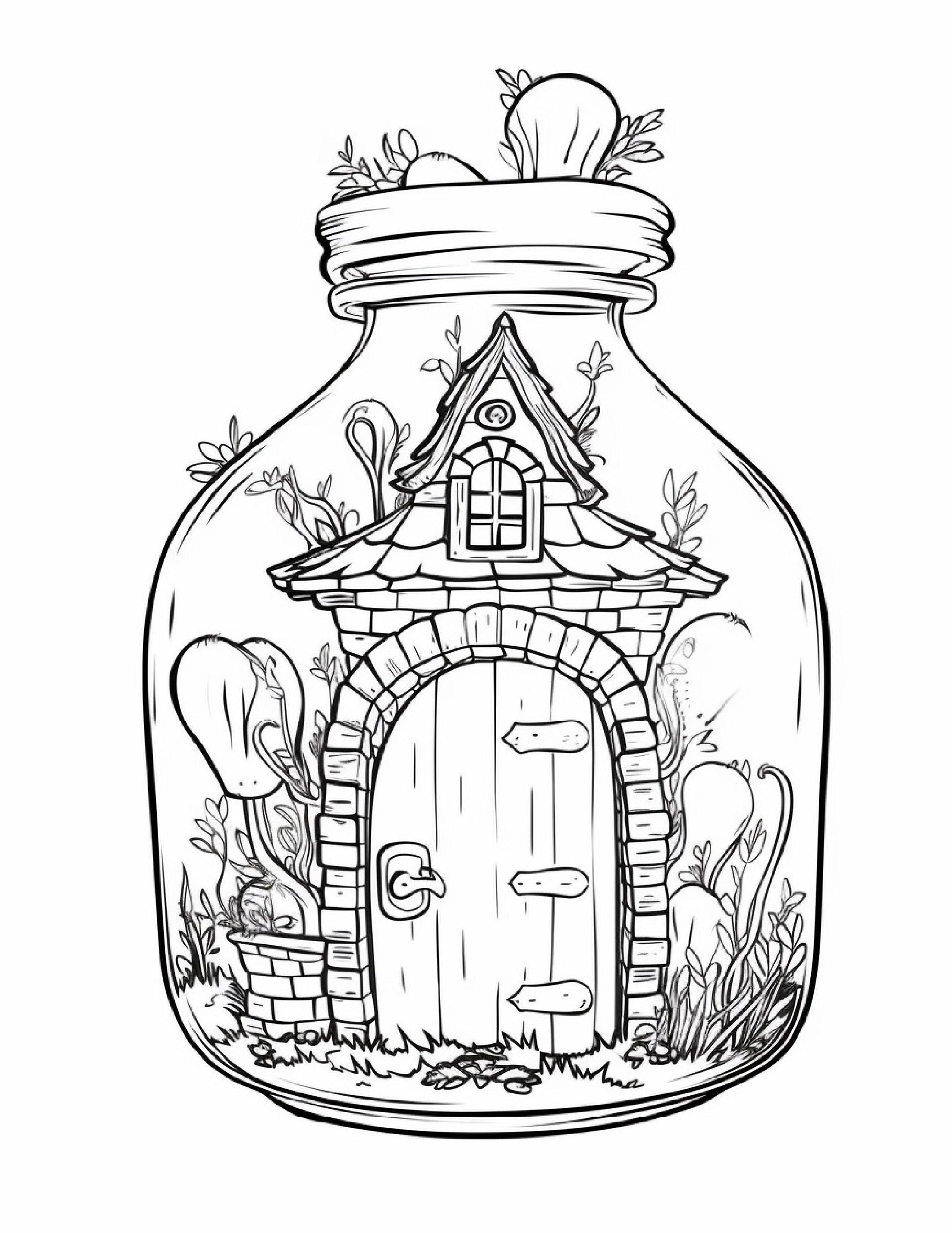 50 Printable Fairy Houses in Jar Coloring Pages for Adults, Grayscale Coloring Book, Stress Relief Coloring Pages, Printable PDF Instant Download