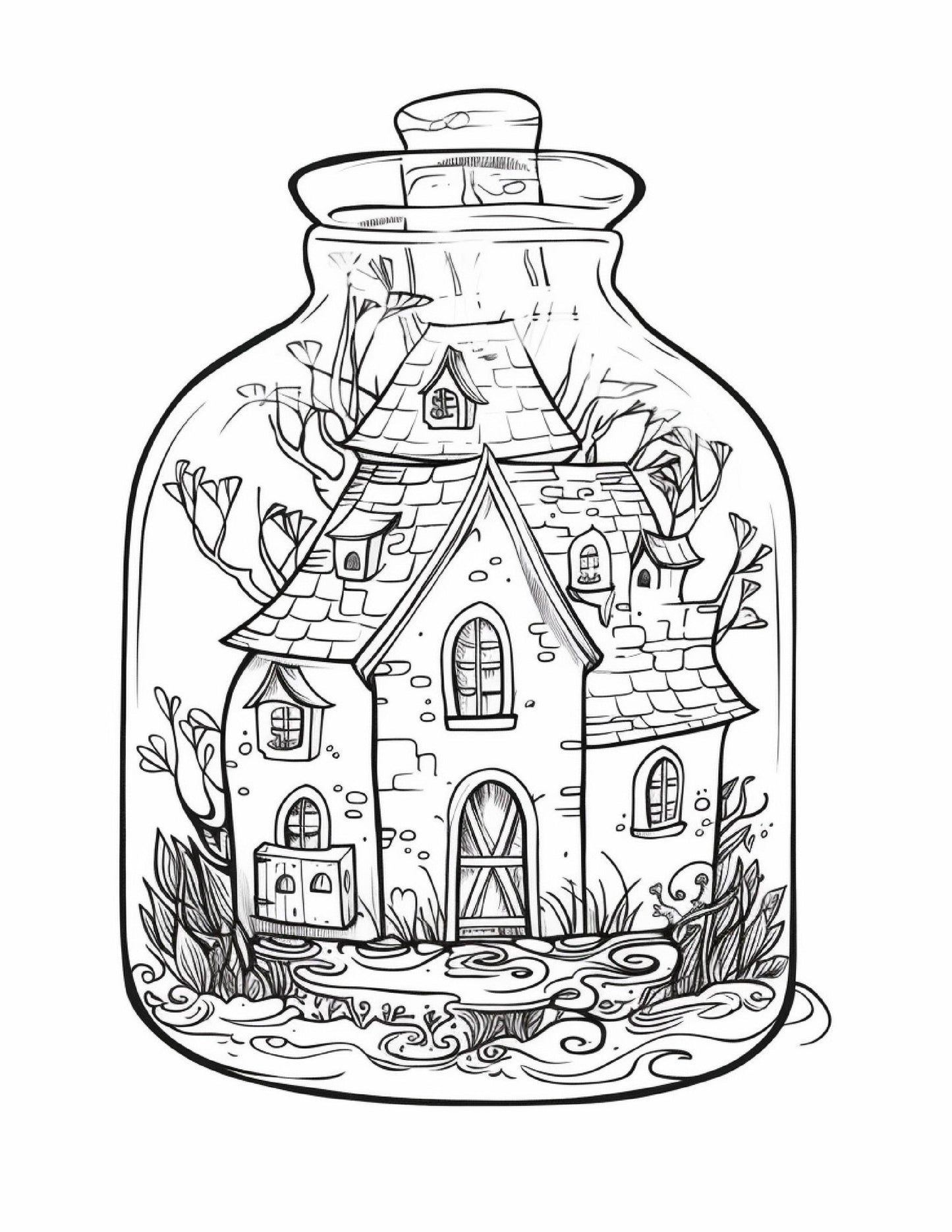 50 Printable Fairy Houses in Jar Coloring Pages for Adults, Grayscale Coloring Book, Stress Relief Coloring Pages, Printable PDF Instant Download