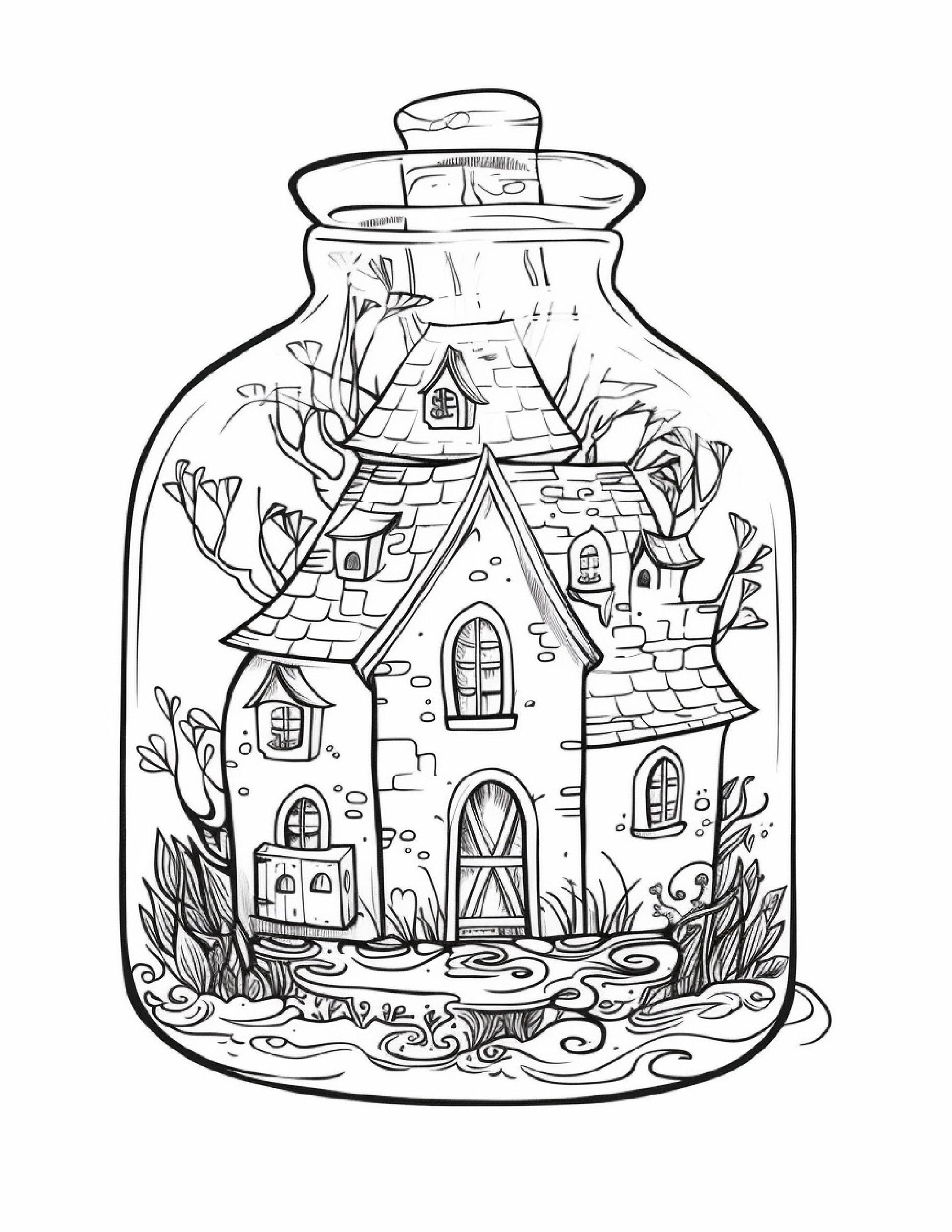 50 Printable Fairy Houses in Jar Coloring Pages for Adults, Grayscale Coloring Book, Stress Relief Coloring Pages, Printable PDF Instant Download