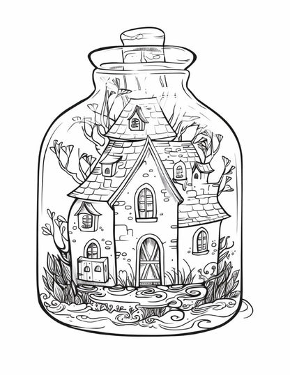 50 Printable Fairy Houses in Jar Coloring Pages for Adults, Grayscale Coloring Book, Stress Relief Coloring Pages, Printable PDF Instant Download