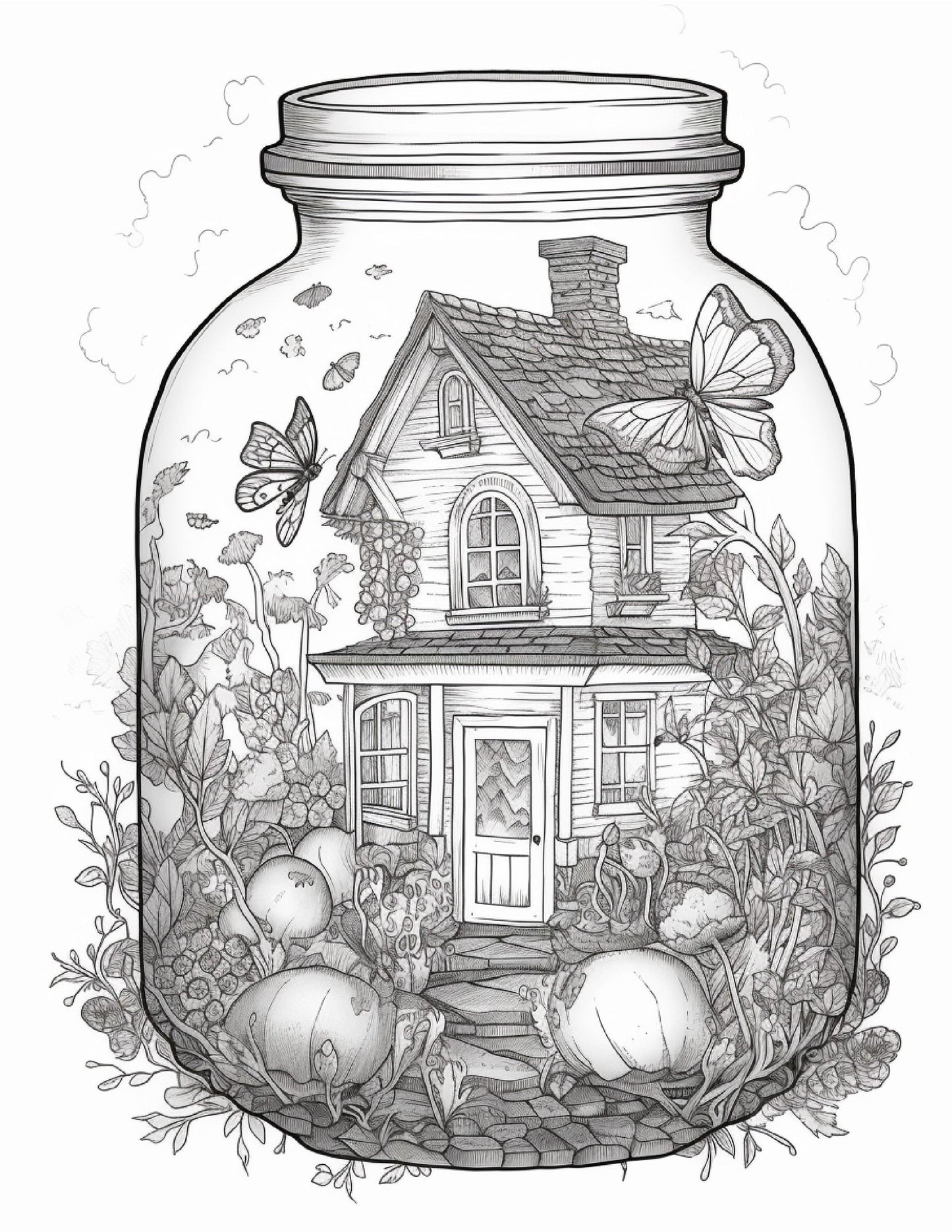 50 Printable Fairy Houses in Jar Coloring Pages for Adults, Grayscale Coloring Book, Stress Relief Coloring Pages, Printable PDF Instant Download