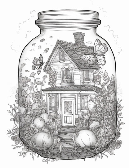50 Printable Fairy Houses in Jar Coloring Pages for Adults, Grayscale Coloring Book, Stress Relief Coloring Pages, Printable PDF Instant Download