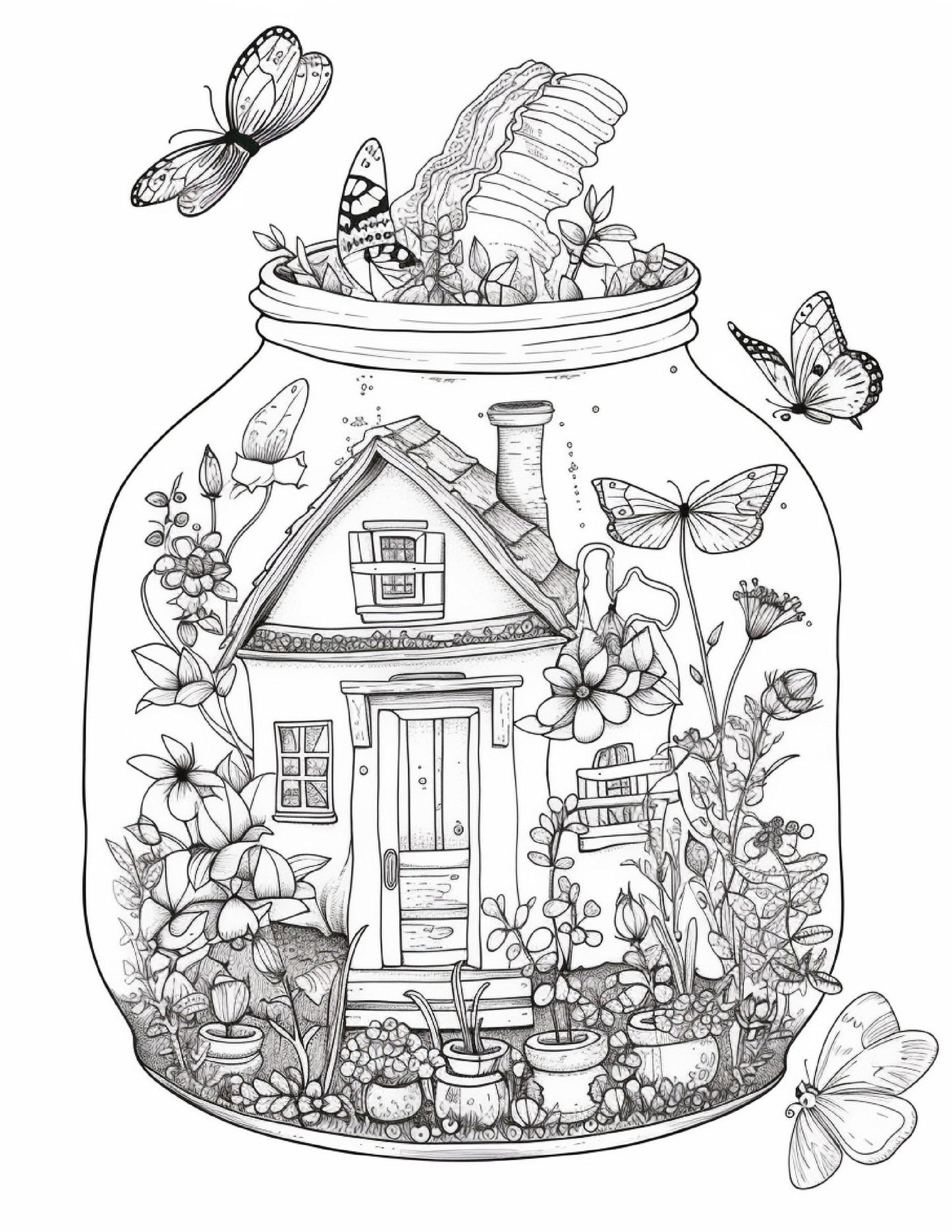 50 Printable Fairy Houses in Jar Coloring Pages for Adults, Grayscale Coloring Book, Stress Relief Coloring Pages, Printable PDF Instant Download