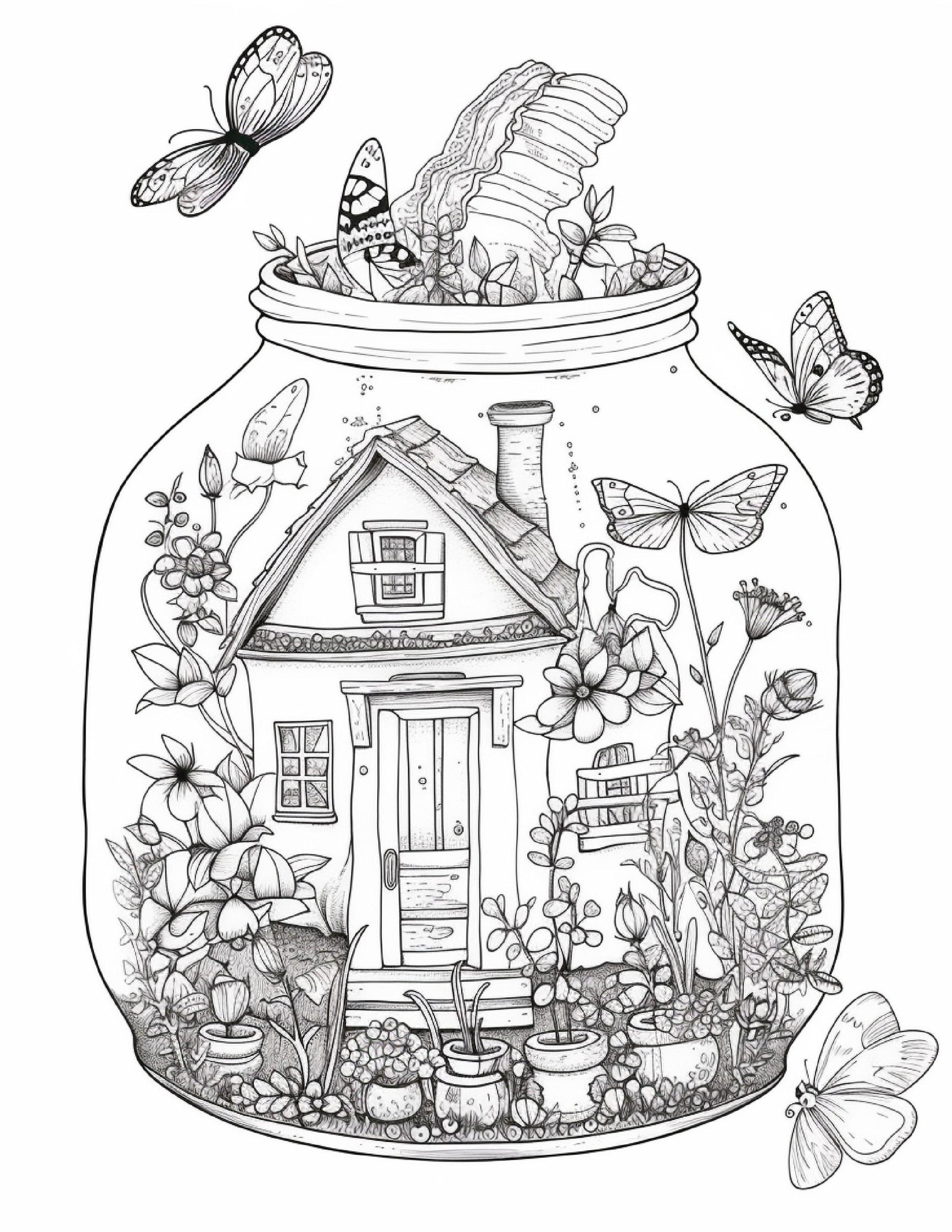 50 Printable Fairy Houses in Jar Coloring Pages for Adults, Grayscale Coloring Book, Stress Relief Coloring Pages, Printable PDF Instant Download