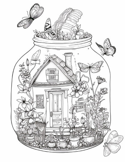 50 Printable Fairy Houses in Jar Coloring Pages for Adults, Grayscale Coloring Book, Stress Relief Coloring Pages, Printable PDF Instant Download