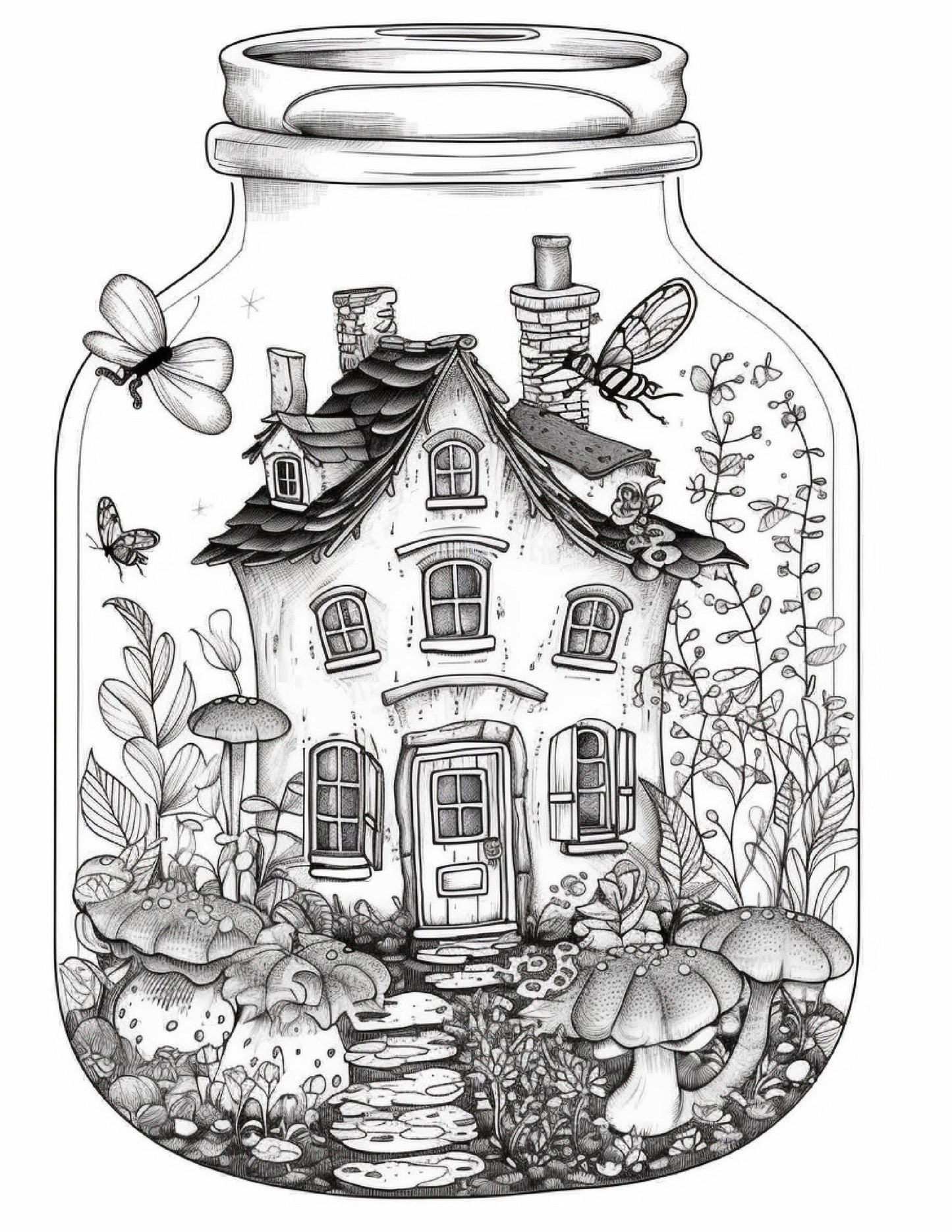 50 Printable Fairy Houses in Jar Coloring Pages for Adults, Grayscale Coloring Book, Stress Relief Coloring Pages, Printable PDF Instant Download