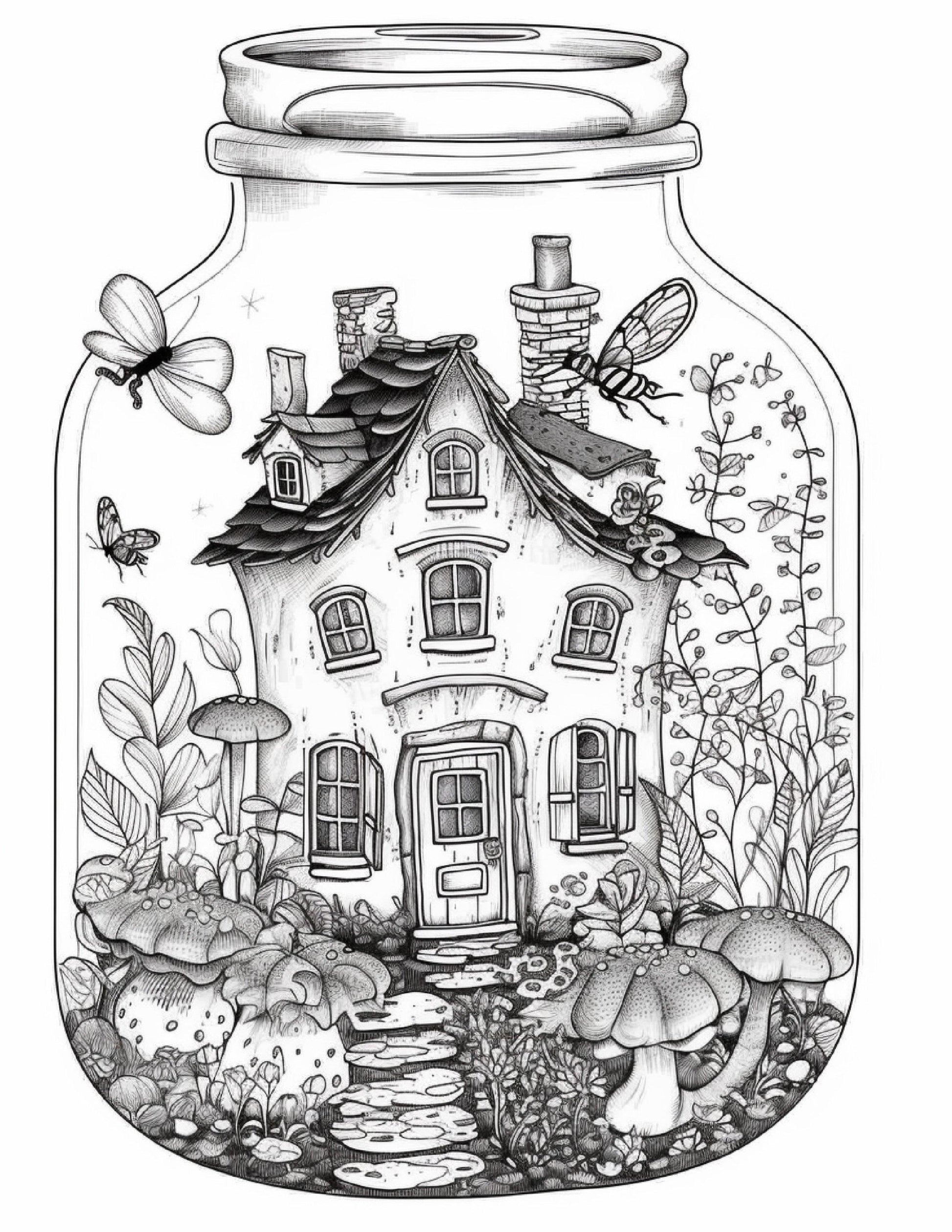 50 Printable Fairy Houses in Jar Coloring Pages for Adults, Grayscale Coloring Book, Stress Relief Coloring Pages, Printable PDF Instant Download