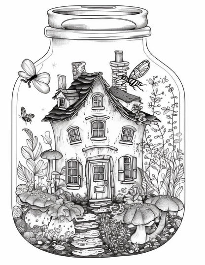 50 Printable Fairy Houses in Jar Coloring Pages for Adults, Grayscale Coloring Book, Stress Relief Coloring Pages, Printable PDF Instant Download