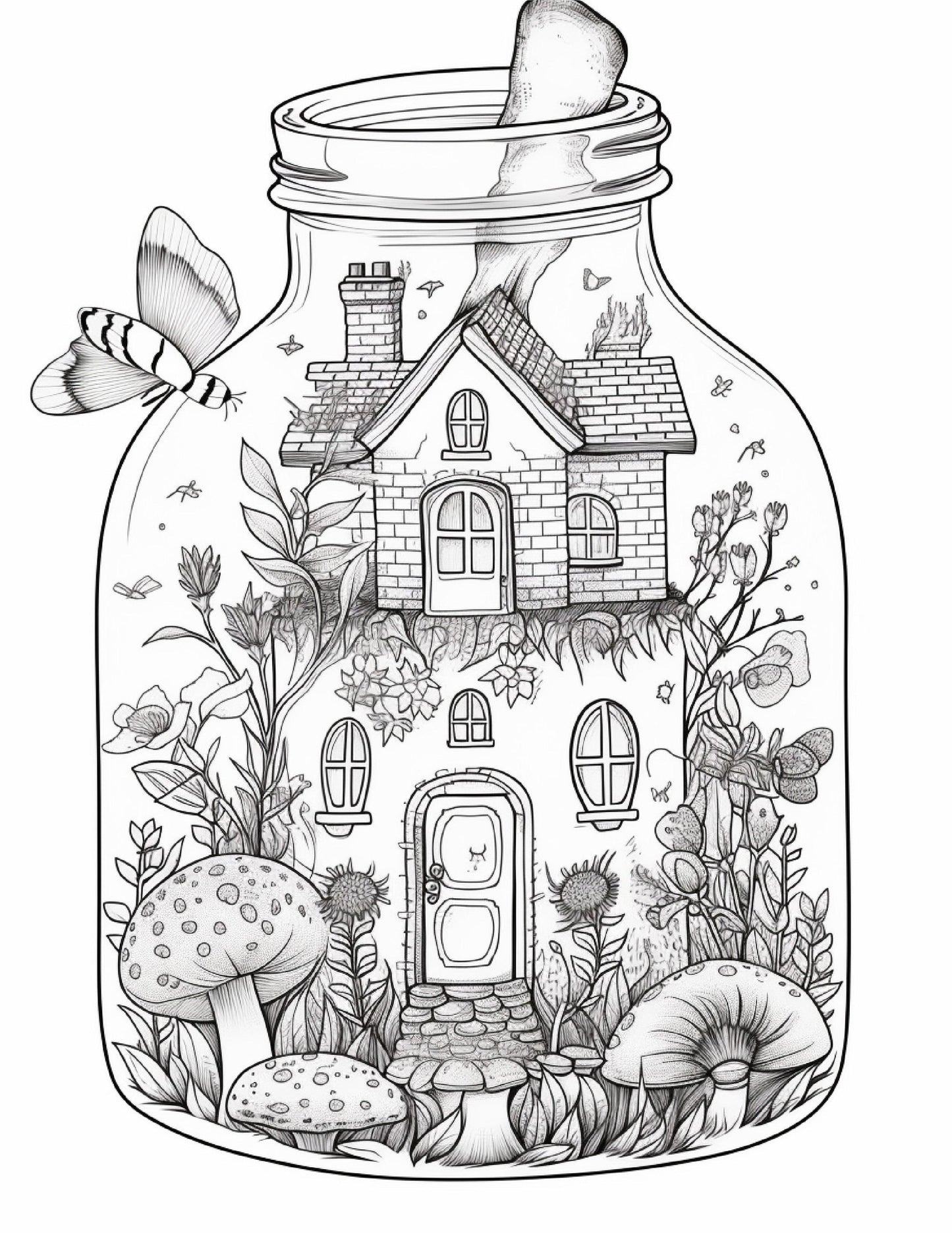 50 Printable Fairy Houses in Jar Coloring Pages for Adults, Grayscale Coloring Book, Stress Relief Coloring Pages, Printable PDF Instant Download