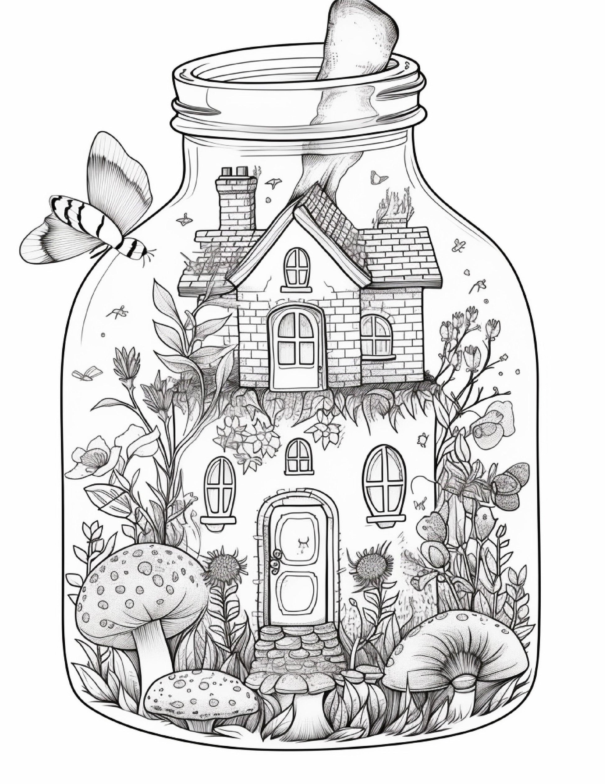 50 Printable Fairy Houses in Jar Coloring Pages for Adults, Grayscale Coloring Book, Stress Relief Coloring Pages, Printable PDF Instant Download
