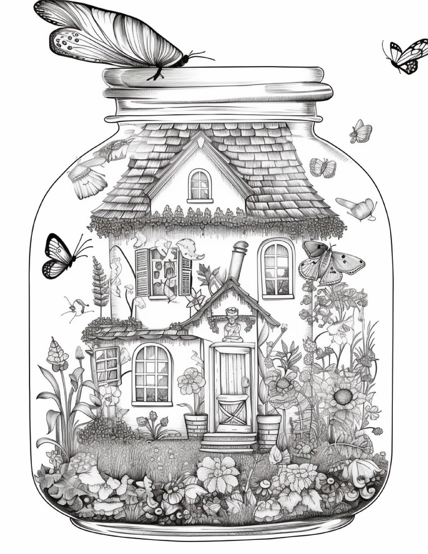 50 Printable Fairy Houses in Jar Coloring Pages for Adults, Grayscale Coloring Book, Stress Relief Coloring Pages, Printable PDF Instant Download