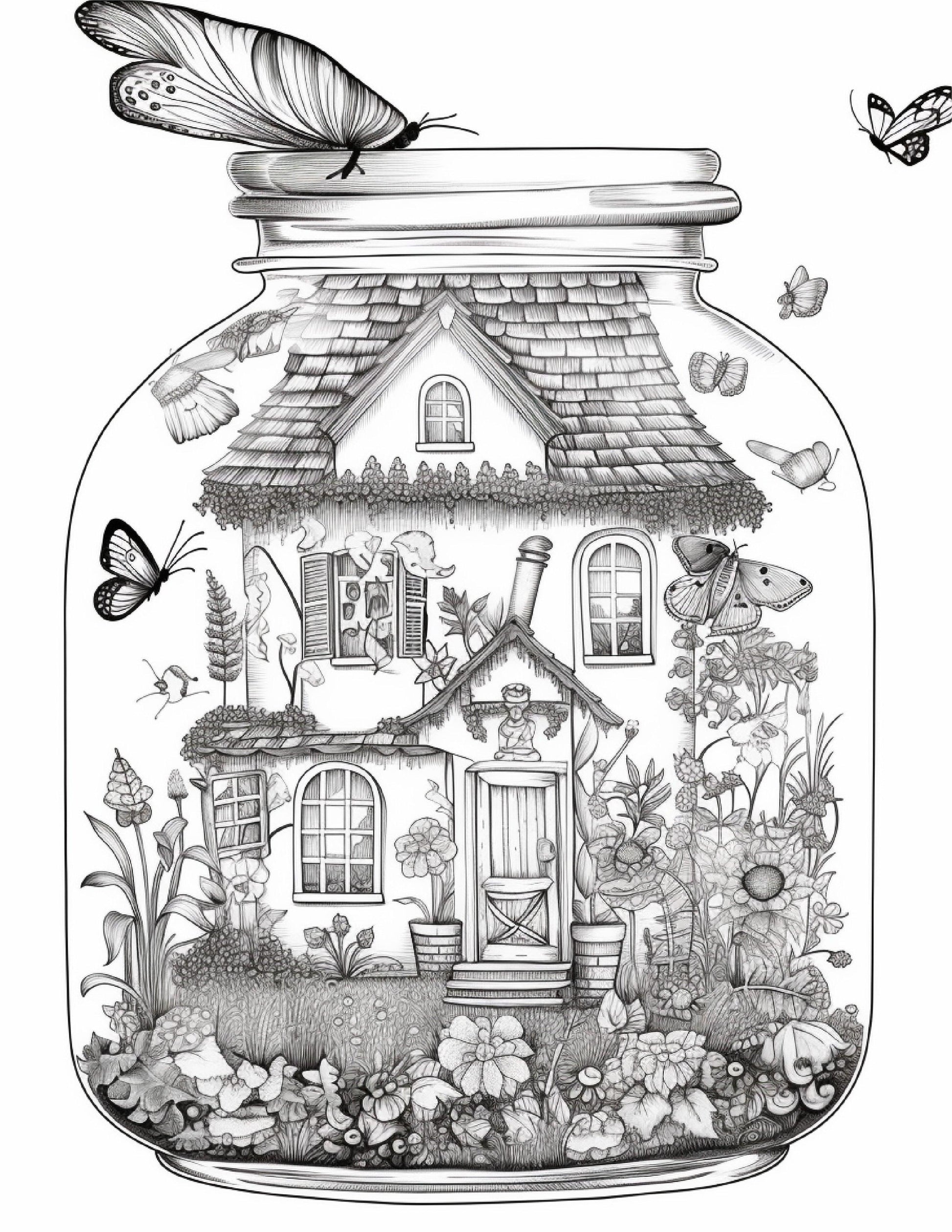 50 Printable Fairy Houses in Jar Coloring Pages for Adults, Grayscale Coloring Book, Stress Relief Coloring Pages, Printable PDF Instant Download