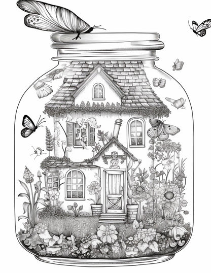 50 Printable Fairy Houses in Jar Coloring Pages for Adults, Grayscale Coloring Book, Stress Relief Coloring Pages, Printable PDF Instant Download
