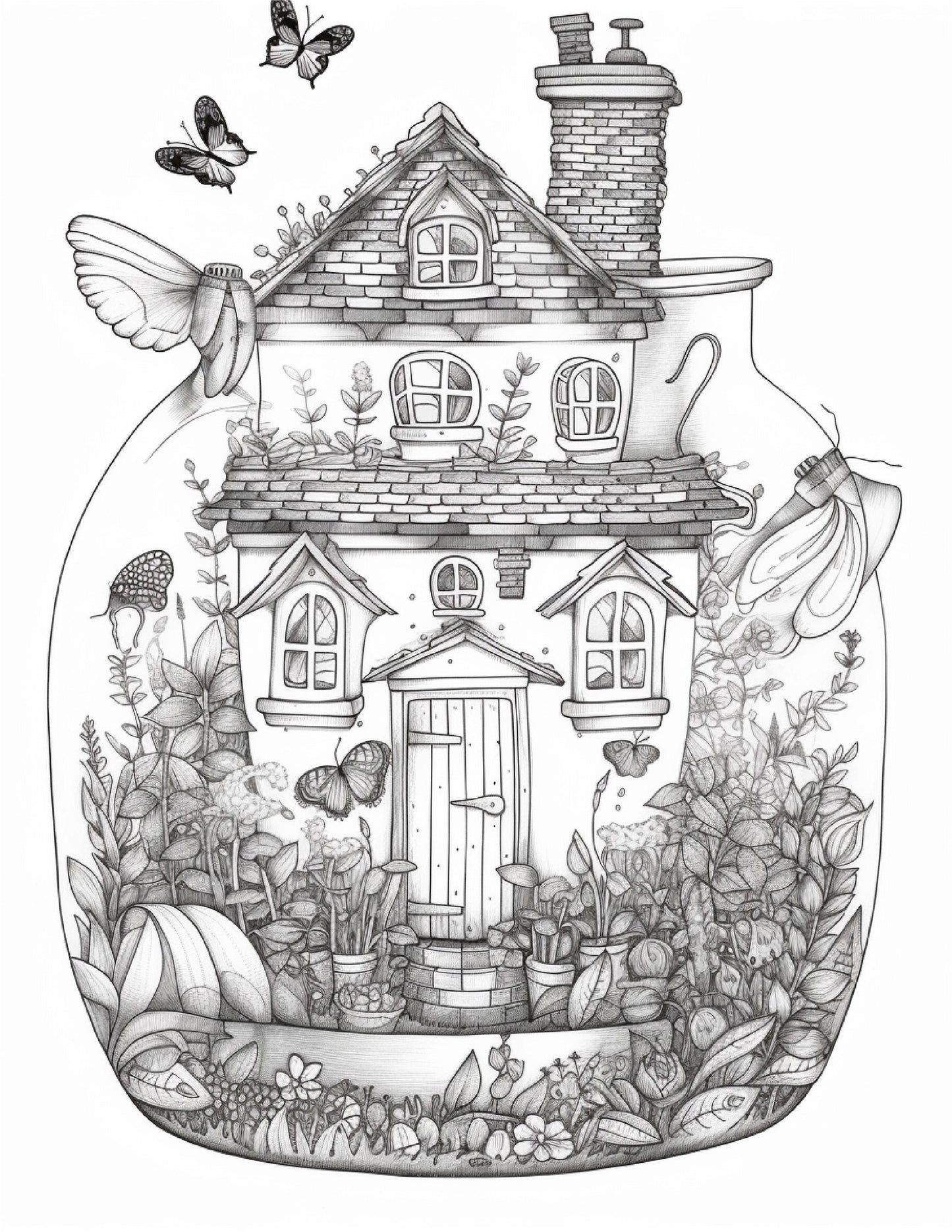 50 Printable Fairy Houses in Jar Coloring Pages for Adults, Grayscale Coloring Book, Stress Relief Coloring Pages, Printable PDF Instant Download