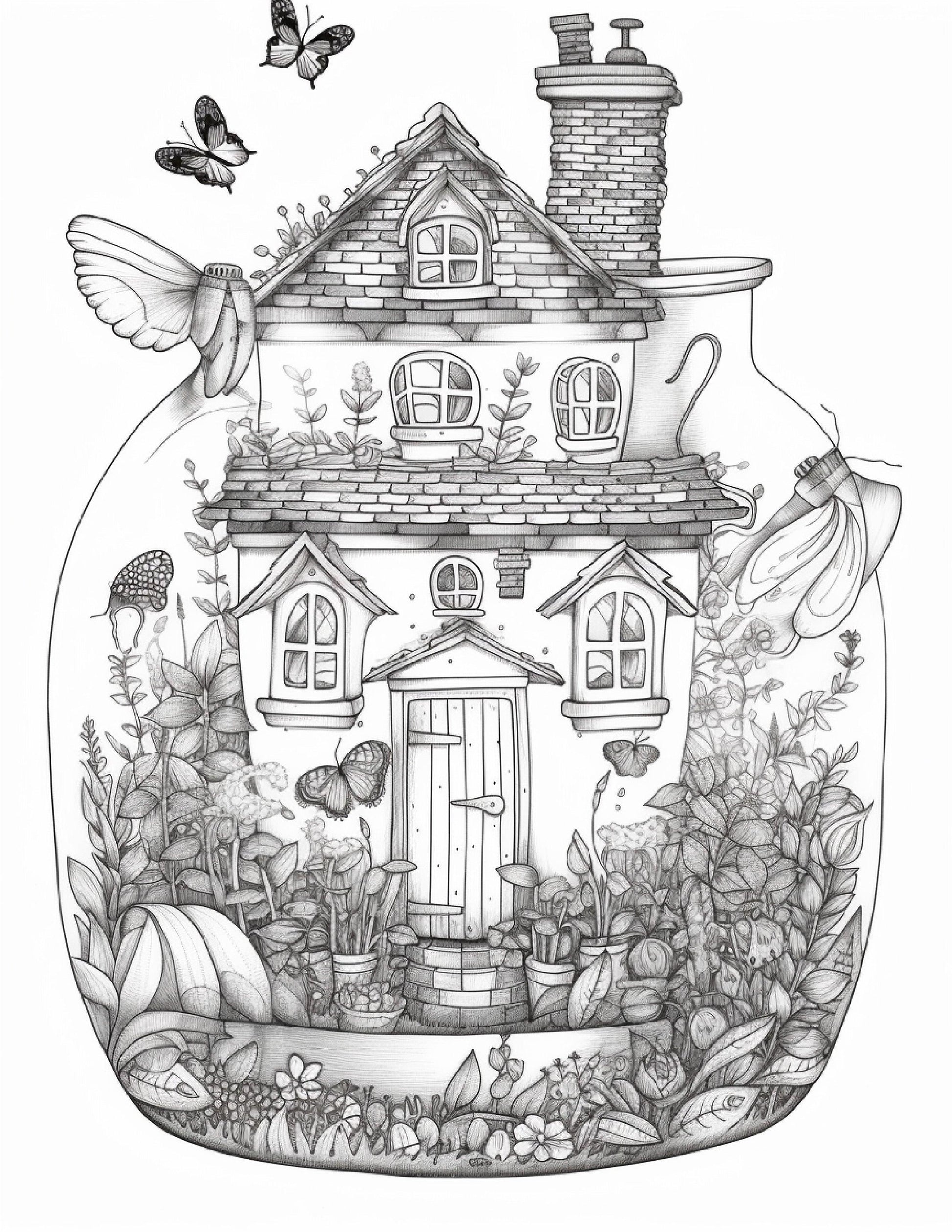 50 Printable Fairy Houses in Jar Coloring Pages for Adults, Grayscale Coloring Book, Stress Relief Coloring Pages, Printable PDF Instant Download