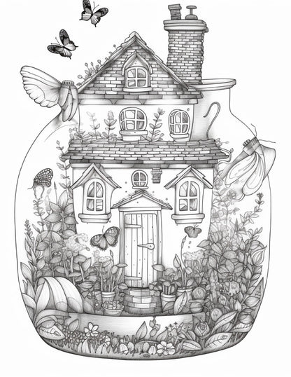 50 Printable Fairy Houses in Jar Coloring Pages for Adults, Grayscale Coloring Book, Stress Relief Coloring Pages, Printable PDF Instant Download