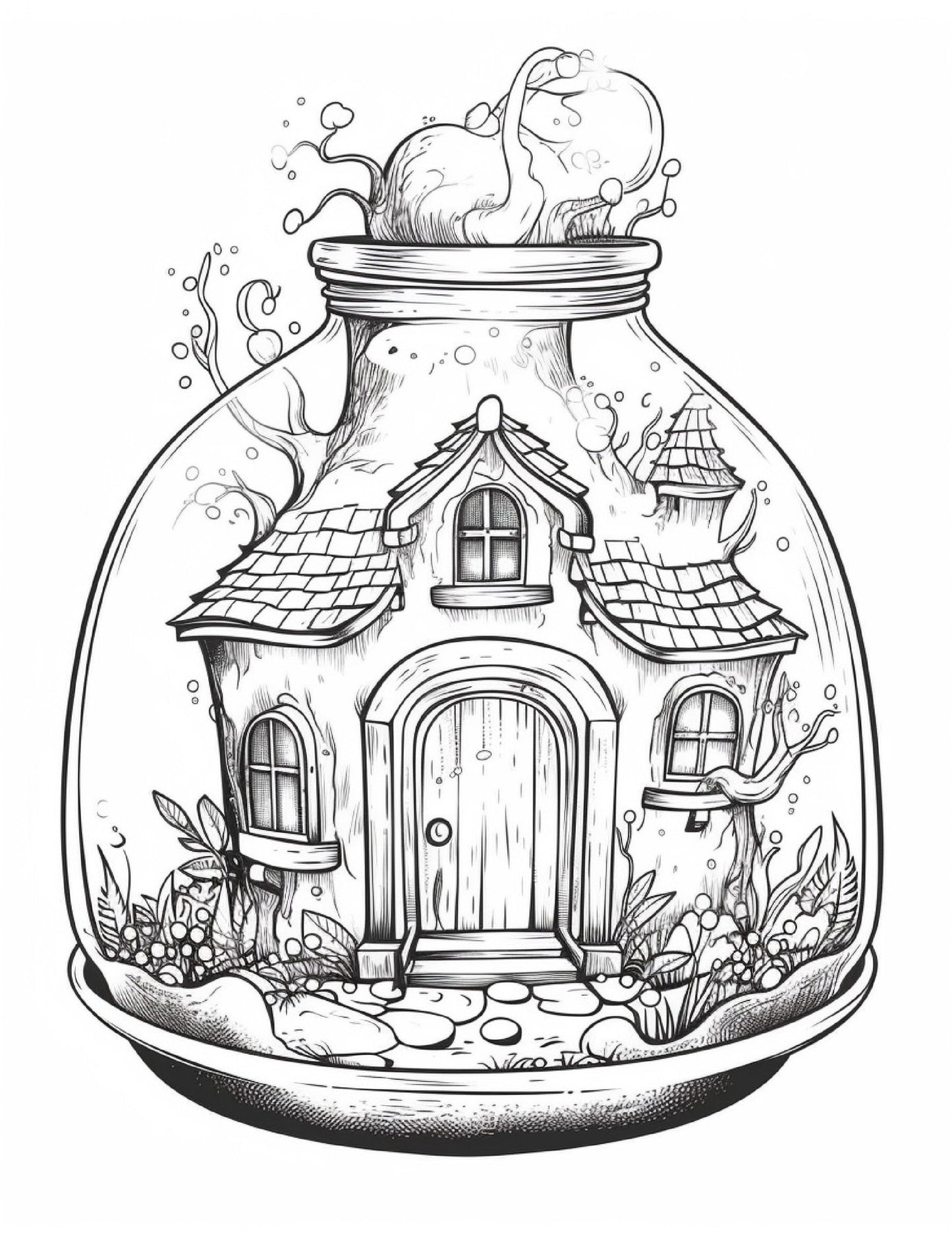 50 Printable Fairy Houses in Jar Coloring Pages for Adults, Grayscale Coloring Book, Stress Relief Coloring Pages, Printable PDF Instant Download