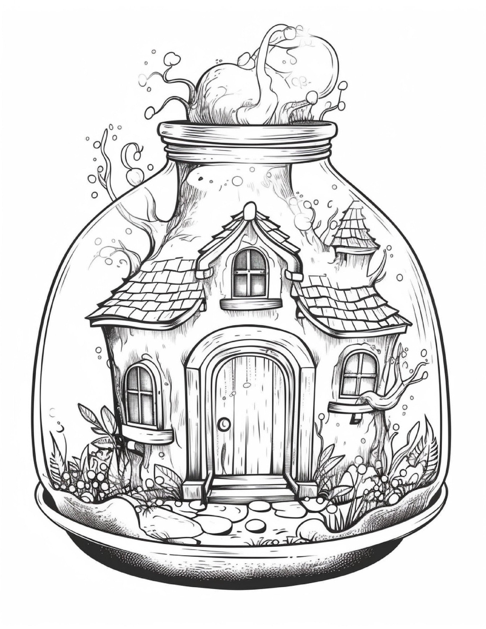 50 Printable Fairy Houses in Jar Coloring Pages for Adults, Grayscale Coloring Book, Stress Relief Coloring Pages, Printable PDF Instant Download