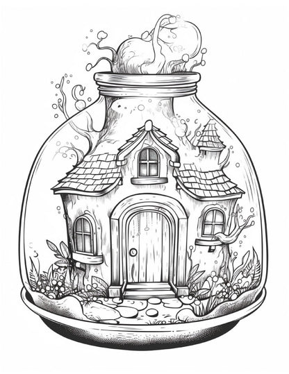 50 Printable Fairy Houses in Jar Coloring Pages for Adults, Grayscale Coloring Book, Stress Relief Coloring Pages, Printable PDF Instant Download
