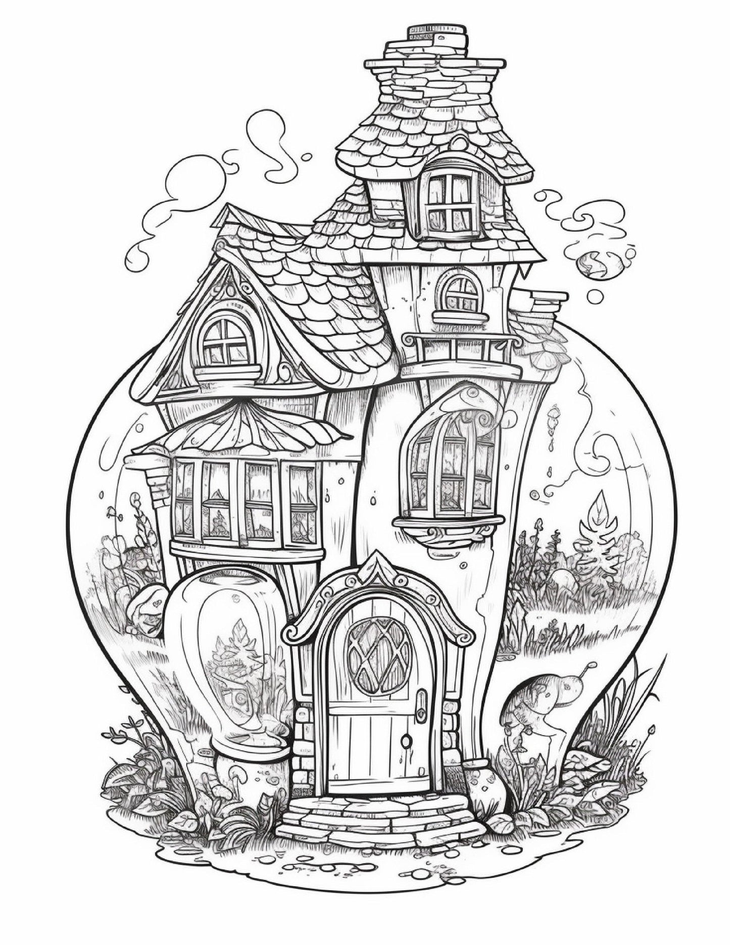 50 Printable Fairy Houses in Jar Coloring Pages for Adults, Grayscale Coloring Book, Stress Relief Coloring Pages, Printable PDF Instant Download