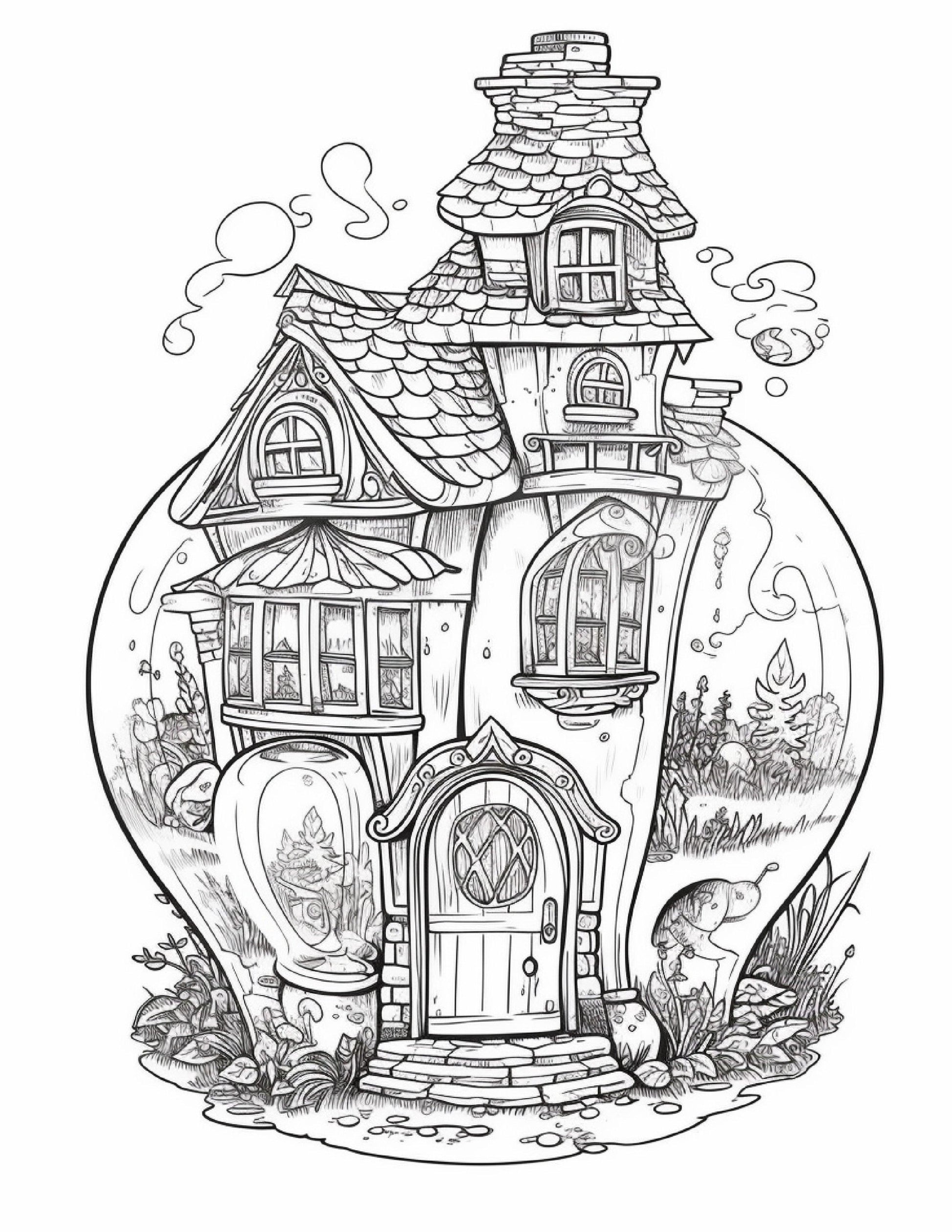 50 Printable Fairy Houses in Jar Coloring Pages for Adults, Grayscale Coloring Book, Stress Relief Coloring Pages, Printable PDF Instant Download