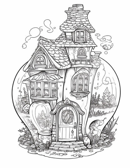 50 Printable Fairy Houses in Jar Coloring Pages for Adults, Grayscale Coloring Book, Stress Relief Coloring Pages, Printable PDF Instant Download