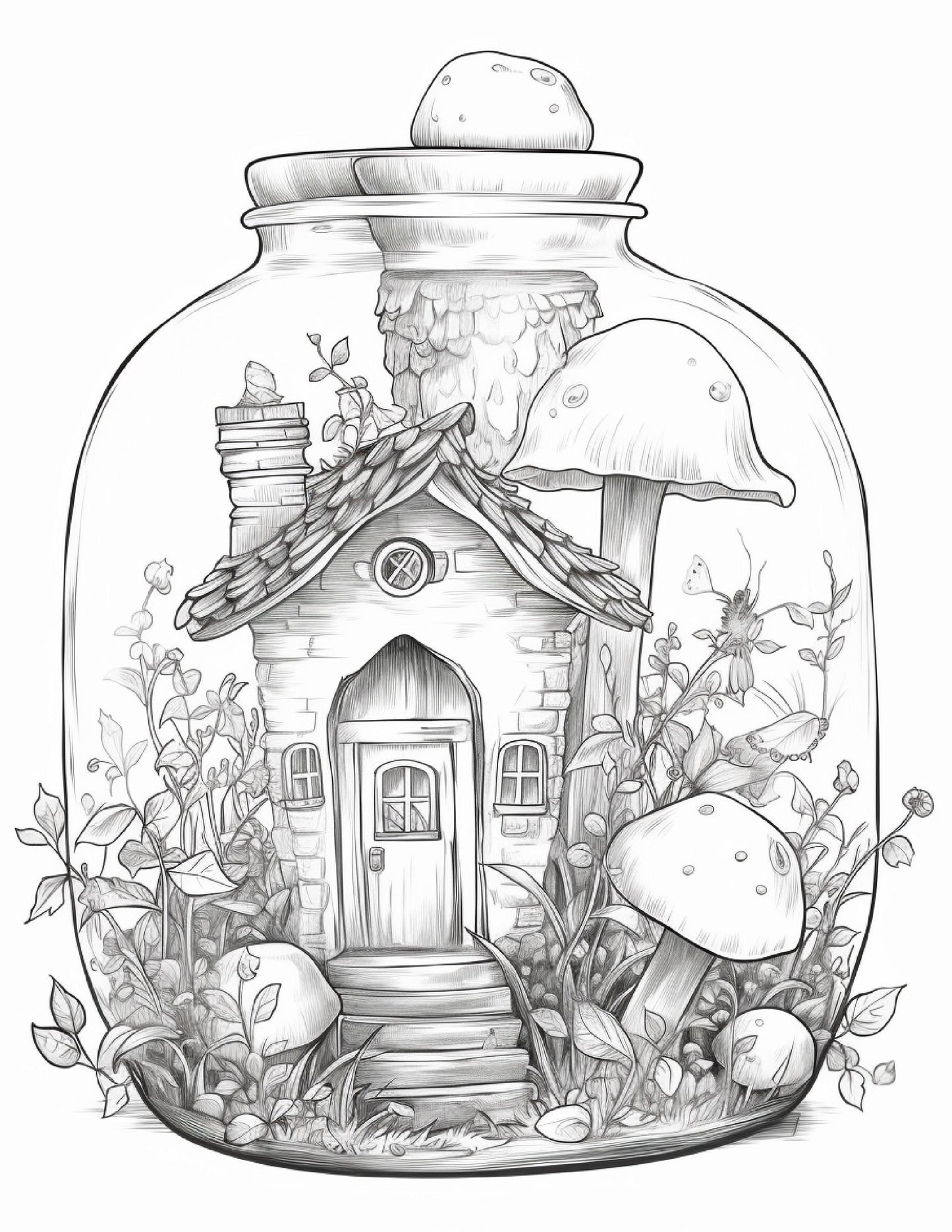 50 Printable Fairy Houses in Jar Coloring Pages for Adults, Grayscale Coloring Book, Stress Relief Coloring Pages, Printable PDF Instant Download