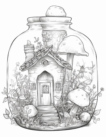 50 Printable Fairy Houses in Jar Coloring Pages for Adults, Grayscale Coloring Book, Stress Relief Coloring Pages, Printable PDF Instant Download