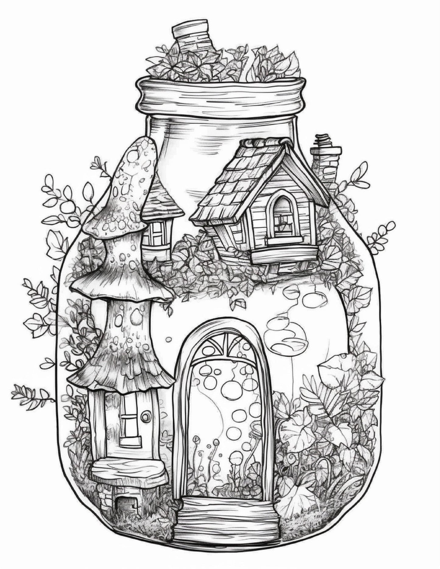 50 Printable Fairy Houses in Jar Coloring Pages for Adults, Grayscale Coloring Book, Stress Relief Coloring Pages, Printable PDF Instant Download